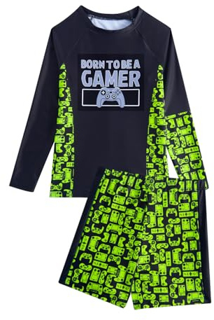 JiAmy pojkar baddräkt 2-delat badset, gradient spel tonåring pojkar badkläder långärmad badskjortor och shorts baddräkt för 8-14 år, Grönt spel, 13-14 År