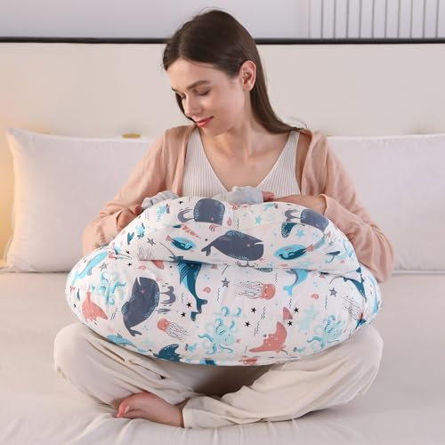 VASSVIO Nursing Pillow, Maternity Breastfeeding Pillow for Mom, Removable Cotton Cover, Adjustable Waist Strap and Safety Fence, Water Animal Pattern