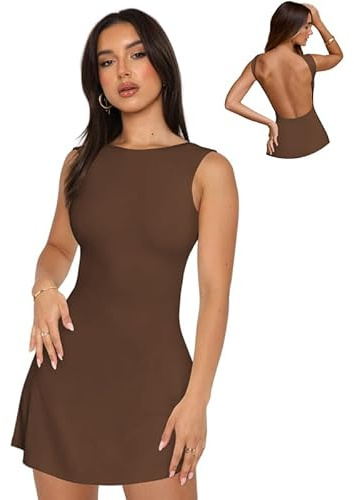 Sukiglam Sexig rygglös miniklänning elegant ärmlös båthals sommarklänning aftonklänning bodycon linje korta klänningar casual kurviga klänningar för cocktail nattklubb fest, Kaffe, XS