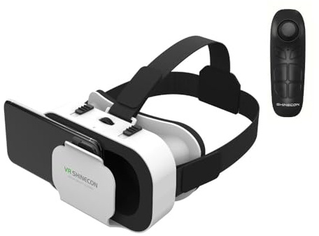 VR Headset with Controller for iPhone and Android Phones, 3D Virtual Reality Glasses, Adjustable Goggles for Movies and Games4.7-6.5 Inch Smartphones (Controller Bundle – White)
