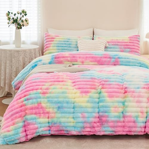 ZRNBAST Faux Fur Duvet Cover Full Size Rainbow Tie-dye Comforter Cover Set for Girls Warm Fleece Bedding Set 3 Pcs Fluffy Colorful Ombre Plush Shaggy Bed Sets for Teens Women(Rainbow,Full)