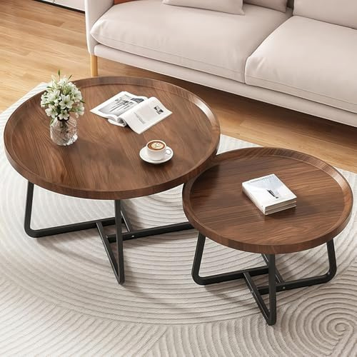 VTELGT Nesting Coffee Table Set of 2, Round Coffee Table End Side Table with Metal Frame Wooden Sofa Side Table Tea Table for Small Space, Living Room, Bedroom, Office, Balcony, 2-Piece,Walnut