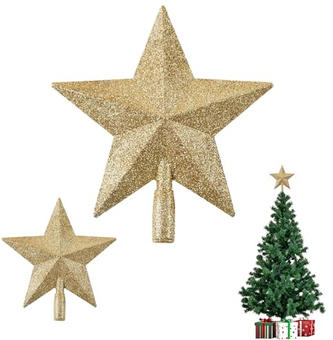 2 Pièces Étoile Sapin de Noel, Pointe d'arbre Or Étoile, Glitter Tree Top Décoration, Cimier de Sapin de Noël, pour Noël, fête, Nouvel Décoration (20cm&10cm)