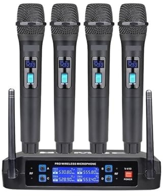 4 Channel Wireless Microphone System Cordless Mic Set With Four Handheld Mics Fixed Frequency, Long Range 200ft