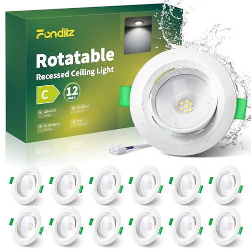 Fondiiz Ojos de Buey LED Techo Interior Blanco, Luz Frío 6000K, Pack de 12 | Downlight LED Empotrable 3W 220V 230V 430LM, IP44 Focos Empotrados Orientable Corte 70mm-80mm, Spot para Baño, Cocina, Salon