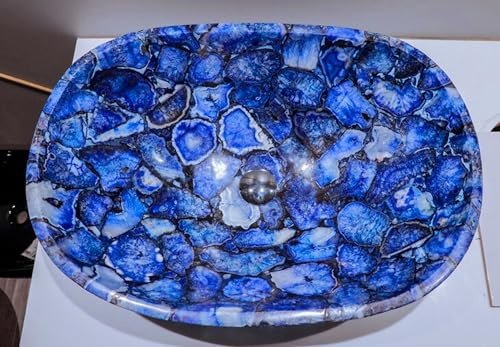 Fregadero de baño de piedra de ágata azul, lavabo de ágata natural hecho a mano, lavabo decorativo único, cuenco de lavado a mano para encimera, fregadero de cocina frontal de 16 x 13 pulgadas
