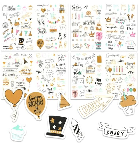 Sticker Geburtstag Set, 4 Blätter Aufkleber Geburtstag Mit 225 Motiv,Scrapbook Stickers,Selbstklebende Aufkleber Zum Verzieren Von Gästebüchern, Grußkarten, Geschenken, Fotoalben