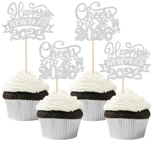 24 Stück Cheers to 2026 Cupcake Toppers Glitzer Happy New Year Tortendeko Feuerwerks Muster Prost auf 2026 Kuchen Deko für Frohes Neues Jahr Party Kuchen Dekorationen Silber