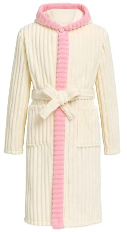 WYTbaby, Vestaglia in pile con cappuccio per ragazze, accappatoio per bambini, caldo e morbido, vestaglia da bagno in pile soffice unisex per età 4-14 anni, Beige, 13-14 Years