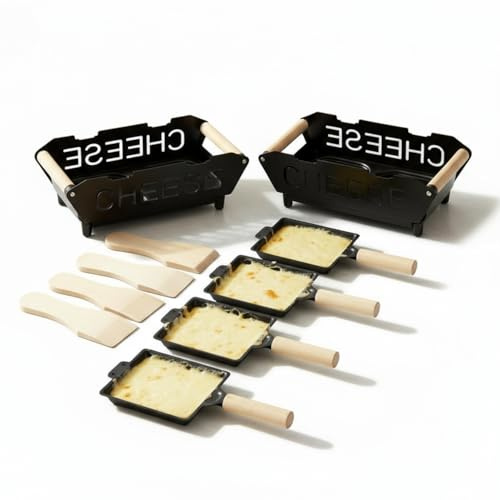 Raclette Bougie – Mini Raclette avec 2 Poêlons et Spatules Inclus - Service Individuelle, 2 ou 4 Personnes - Chauffe-Fromage en Métal et Bois Sans Électricité (4 personnes)
