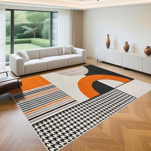QGYFRE Kinderteppich Klein 100x160cm Orange Grau schwarz Moderne geometrische Muster für Wohnzimmer Teenager Schlafzimmer Webteppich