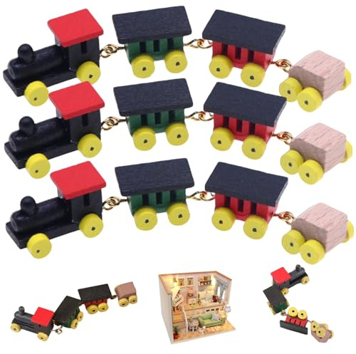 DAGLLGEW Set di Treni in Miniatura, 3 Set di Treni a Vapore per simulazioni di Case delle Bambole, Miniature di Mini Case delle Bambole in Legno Natrual, Giocattoli Finti Miniatura sicuri per Bambini