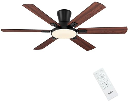Newday 132cm Grand Ventilateur Plafond Bois avec 6 Pales Montage à Flush | avec Lumiere et Télécommande, Dimmer sans pas, Mode Sommeil, Réversible Moteur DC Silencieux Pour Chambre
