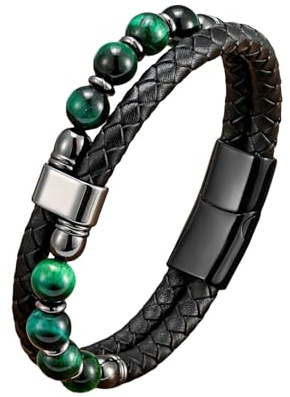 HUIANGLIYG Bracelets en Pierre Naturelle Perlée pour Hommes Bracelet en Cuir Tressé Double Couche avec Fermoir Magnétique, Bracelet Décontracté Élégant, Bijoux Bohèmes pour Lui Malachite 23