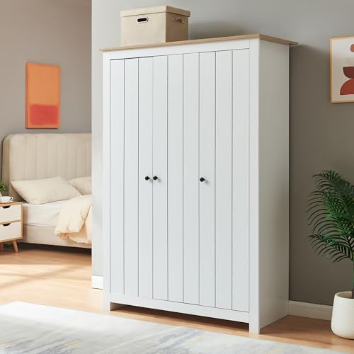 [en.casa] Kleiderschrank Vasand Schrank mit 3 Türen Schlafzimmerschrank 175 x 120 x 52 cm Garderobenschrank 2 Kleiderstangen 3 Ablagefächer Weiß/Eicheoptik
