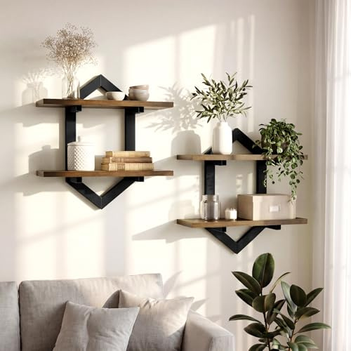2er-Set Wandregal aus Holz und Metall, Schweberegal im Rauten-Design, Deko Regal für Wände, Vintage Hängeregal für Wohnzimmer, Schlafzimmer, Küche & Büro