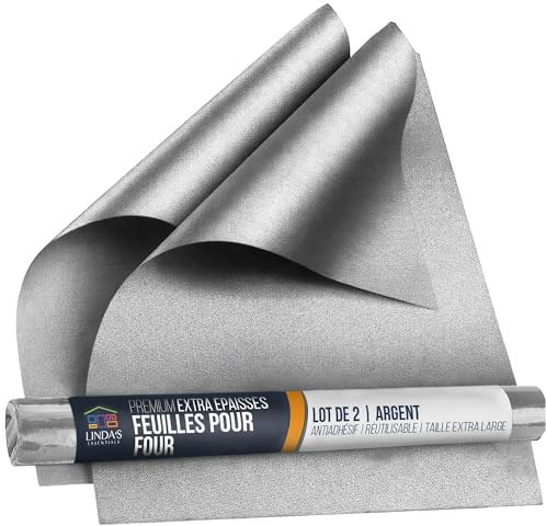 Linda's Essentials ugnsfoder för ugnens botten (2-pack) – universellt non-stick foder för fläktassisterad matlagning, 32 x 50 cm kökstillbehör, skyddsark, sparar tid och rengör enkelt (silver)