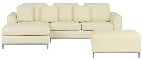 Divano angolare in pelle beige con ottomana