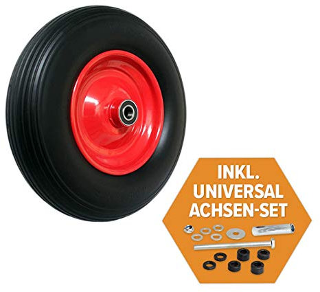 FRONTTOOL Schubkarrenrad pannensicher inkl. Universal Achsen-Set, Vollgummi-Reifen 400 mm mit Präzisions-Kugellager auf Stahlfelge mit 150 kg Traglast