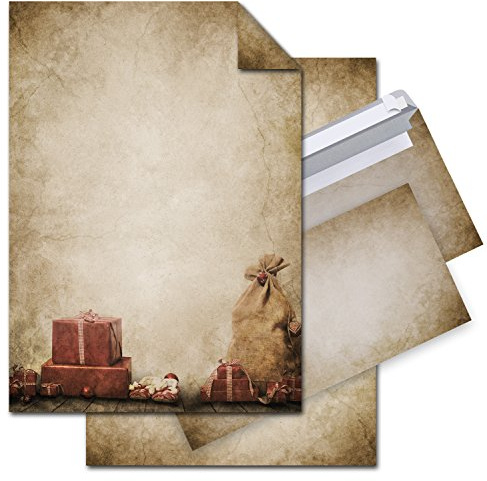 Logbuch-Verlag 12 x vintage Weihnachtspapier DIN A4 + 10 Kuverts DIN lang - Briefpapier Weihnachten Geschenke braun beige Motivpapier