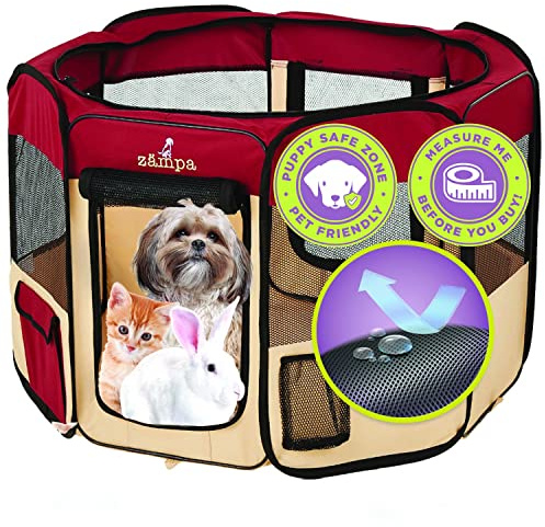 Zampa Puppy Pop Up Portable Playpen for Dog and Cat, Foldable | Indoor/Outdoor Kitten Pen & Travel Pet Carrier + Carrying Case (Red, Small (36x36x24))