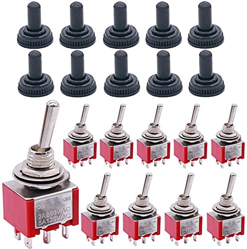 mxuteuk 10Pcs Mini Toggle Switch DPDT 2 Position 6 Pins ON-ON AC 125V 5A with Waterproof Cap MTS-202-10MZ