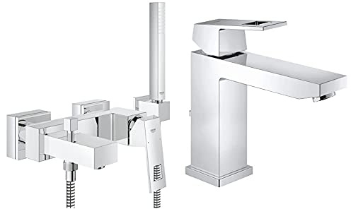GROHE Eurocube | Wanne - Wannenarmatur | mit HANDBRAUSE, Wandhalter und Schlauch | 23141000 & Eurocube Badarmaturen (Einhand-Waschtischbatterie, DN 15 M-Size) chrom, 23445000