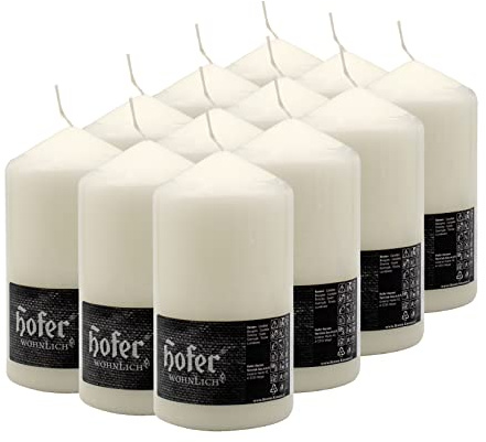 Hofer Candele Grandi Avorio a Colonna - 8 x 15 cm - Set di 12 Candele Decorative Cilindriche - Colore Avorio - Lunga Durata di 60 Ore - Cera Antigoccia - Non Profumate - Qualità RAL