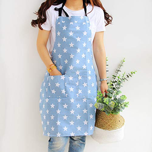 Küche Schürze für Frauen, Einstellbar Kochschürze mit zwei großen Taschen Cotton Canvas Star Pattern Erwachsene Schürze Zum Hausarbeit