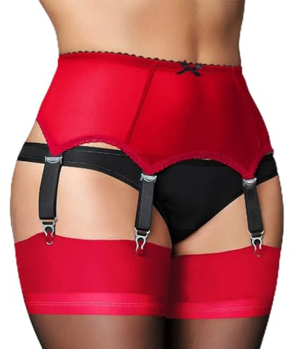 Anaike Womens High-Waisted 6-Strap Suspender Garter Belt for Stockings, Red, M
