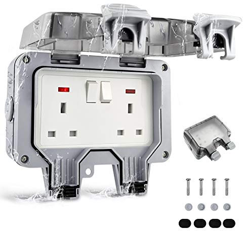 FOXNSK Waterproof Double Outdoor Socket - 13A IP66 Weatherproof Wall Electrical Outlet With Switched Socket Covers