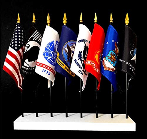 World Flags Direct MILITARY FLAG SET with Solid White Stand--8 Rayon 4 inchesx6 inches Flags, One Flag For Each Service; 4x6 Miniature Small Mini Desk Flags (Set with all Services, POW and USA)