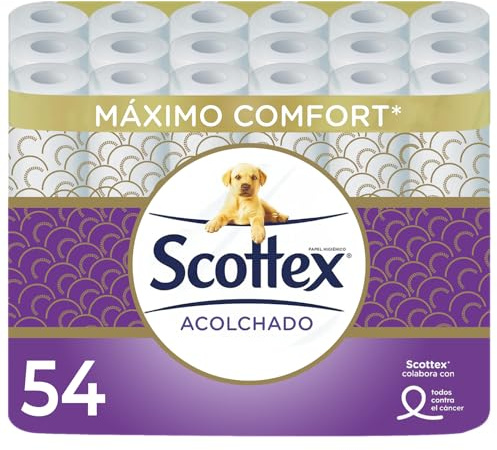 Scottex Papel Higiénico Acolchado - 54 Rollos - Rollos con 3 Capas de Confort y Suavidad | Rollos con 3 Capas de Confort y Suavidad