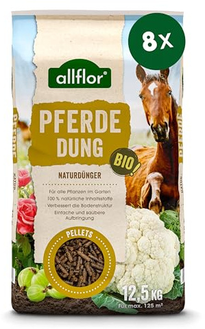 Allflor Pferdedung gekörnt 8 x 12,5 kg im Beutel - Pferdemist als Dünger - rein biologisch-organischer Universaldünger - Pferdedünger - Für alle Garten-, Obst- & Gemüsepflanzenn