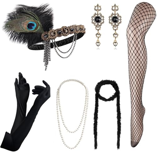 DRESHOW Damen 1920er Accessoires Set Flapper Kostüm Gatsby Feder Lange Halskette Handschuhe Stirnband Funkelnde Ohrringe
