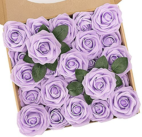 N&T NIETING Künstliche Blumen Rosen, 25 Stück Fake Rosenblüte mit Stiel Blumendeko für DIY Hochzeit Blumensträuße Braut Zuhause Valentinstag Dekoration, Helles Lila