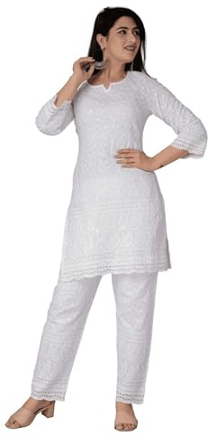 JG JAI GOVINDAM Chikankari Kurtis Indiani in Cotone Per Donna Abiti Estivi Set Tunica Top Pantalone Completo Pakistano Salwar Kameez, bianco, XX-Large