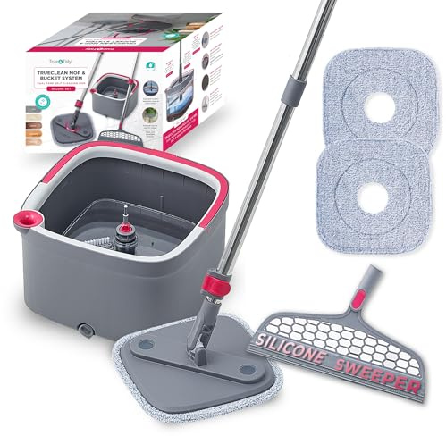 True & Tidy True Clean Spin Mop e Secchio System, include mocio rotante, secchio a doppio scomparto, spazzola per pavimenti in silicone, 2 panni in microfibra lavabili spessi, set deluxe SPIN-800A