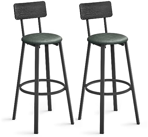 VASAGLE Bar Stools, Set of 2 PU Upholstered Breakfast Stools, 29.7-Inch Barstools with Back and Footrest, Simple Assembly, for Dining Room Kitchen Counter, Classic Black and Forest Green ULBC069C01