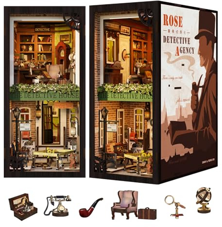 Cutefun DIY Book Nook - Puppenhaus Kitaus Holz mit Staubschutzhülle,DIY Miniatur Puppenhaus Bücherecke Bibliothek Häuser Modellbausätze mit LED Leuchten Bücherregal Dekor (Rose Detective Agency)