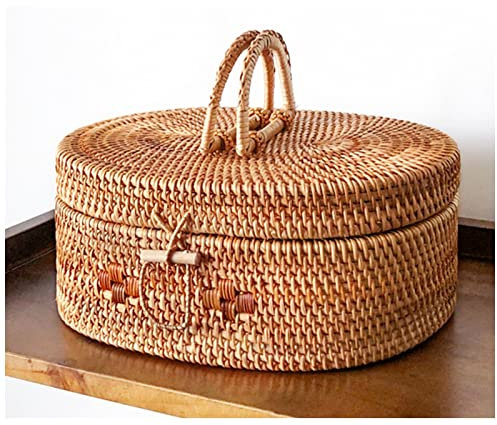 Cestino da picnic intrecciato a mano con chiusura unica, maniglia e coperchio per riporre e trasportare in sicurezza, cestino da picnic in rattan naturale, contenitore da picnic per picnic in campeggi