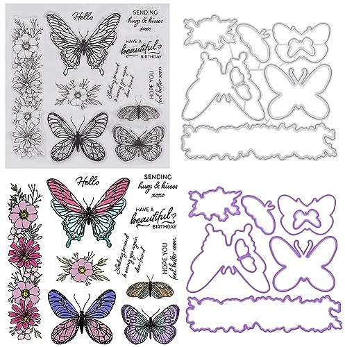 craspire Schmetterlingsblumen, Transparenter Gummistempel Und Metall-Stanzformen-Set, Transparente Silikonstempel, Karbonstahl-Stanzformen, Schablone Für Kartenherstellung, Journaling, DIY