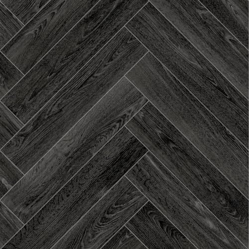 Black Chic Herringbone Siren Vinyl Flooring 4mm Thick Durable Felt Backed Lino Kitchen Bathroom (2m x 4m)