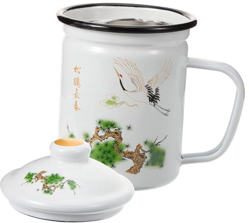 Zerodeko Taza de Té Esmaltada Asa Diseño de Grulla Vintage para Agua Té Taza de Esmalte de Esmalte