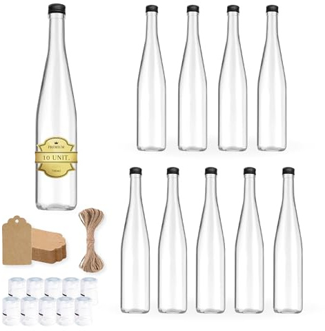 10x Bouteilles en Verre 700ml avec Bouchon à Vis Noir + 10 Sceaux + 10 Étiquettes Kraft + Ficelle - Boissons Spiritueuses: Rhum, Whiskey, Vodka - Bouteille pour Huile d'Olive, Eau, Liqueur