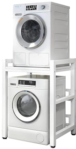 Estanteria Lavadora Almacenaje Estanteria Lavadora y Secadora con Altura Ajustable Estanteria Lavadora Carga Superior Unidad de Almacenamiento para Lavadora (Blanco, Marco Blanco)