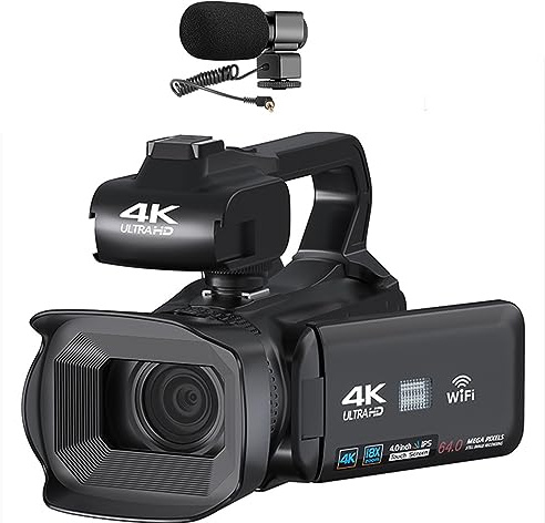 nmbhus Auto Focus 4K Videocámara 18X Zoom 64MP Cámara De Video Digital For WiFi Streaming Webcam Time-Lapse 4 Grabadora De Pantalla Táctil(64G SD Card,with Microphone)