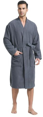 FashGudim Frottee-Bademantel für Männer Groß und Klein Kurzer Herren-Kimono Superabsorbierend Spa Wadenlang Mit Taschen（Grau,4XL）