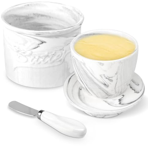Miyacare Französische Butterdose, Butterdose Wassergekühlt mit Wasserlinie, Keramische Butterglocke für Frische und Streichfähige Butter (Marmor, 10CM)