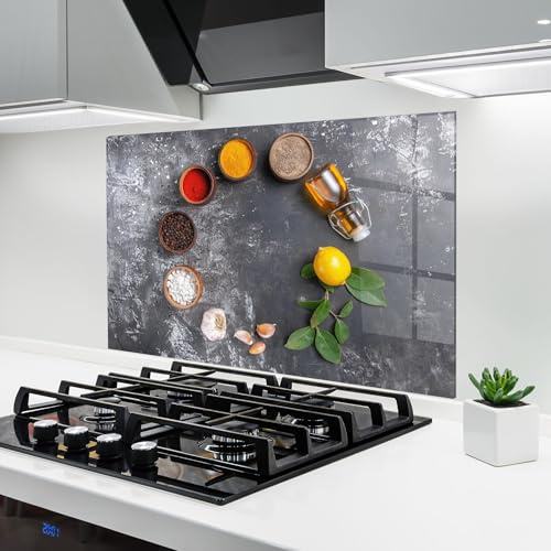 ARTHUB® Küchenrückwand aus Glas 70x100 cm, 4mm ESG | Spritzschutz, Glasplatte, Herdspritzschutz, Wandschutz für Herd, Hartglas, Lebensmittel, Gewürze, Seasonings with Oil